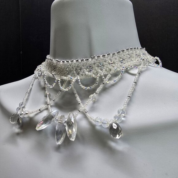 Handmade 925 Sterling Silver Crystal Inspired Glass Necklace Earring Set White - Picture 7 of 14